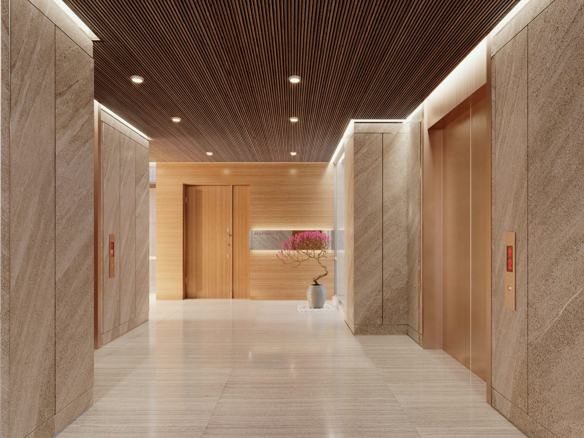 Modern hotel lobby with elevators and wood accents.