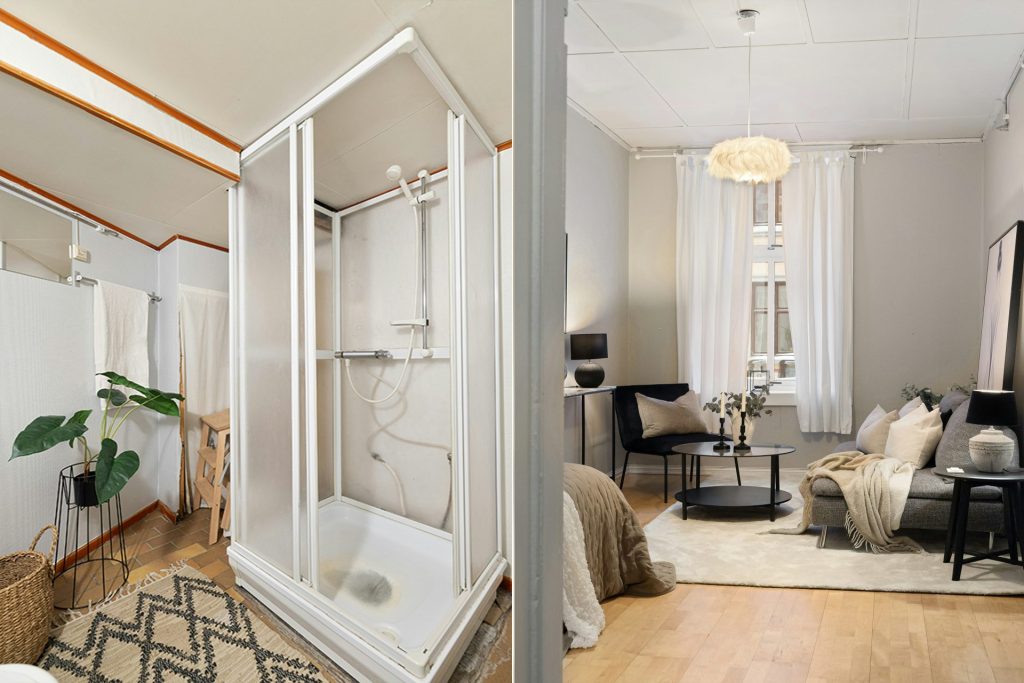 Un salon rempli de meubles et d'un miroir